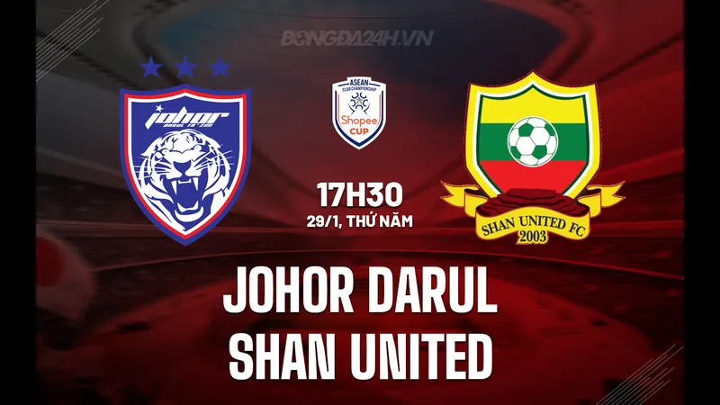 Cầu thủ Johor DT và Shan Utd tranh chấp bóng trên sân cỏ Cầu thủ Johor DT và Shan Utd tranh chấp bóng trên sân cỏ